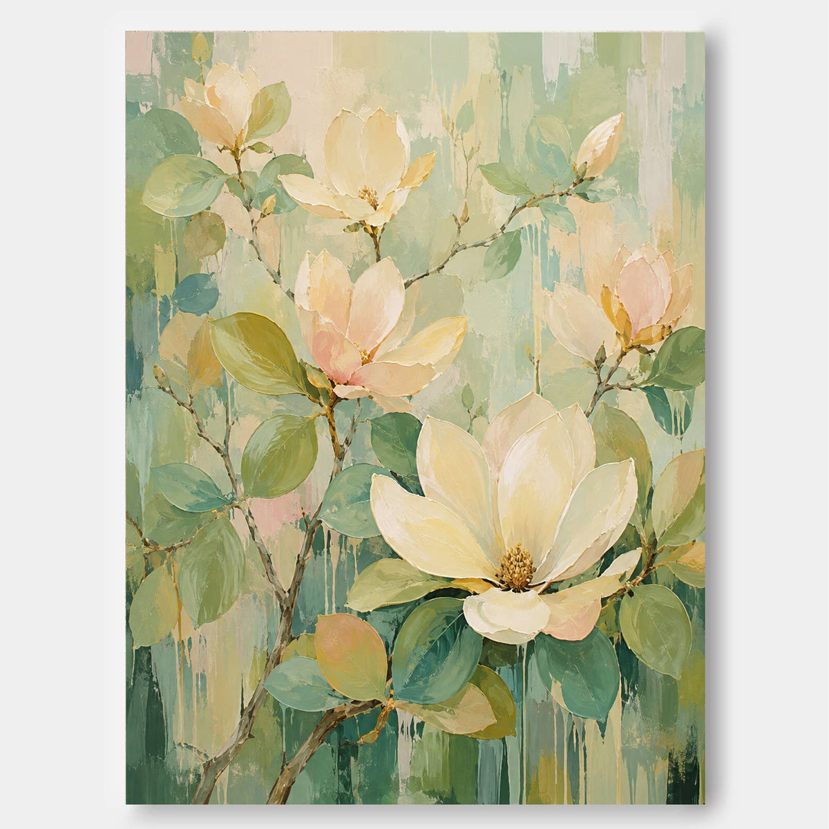 Hand-Painted Abstract Magnolia Floral Canvas Art In Cream And Green