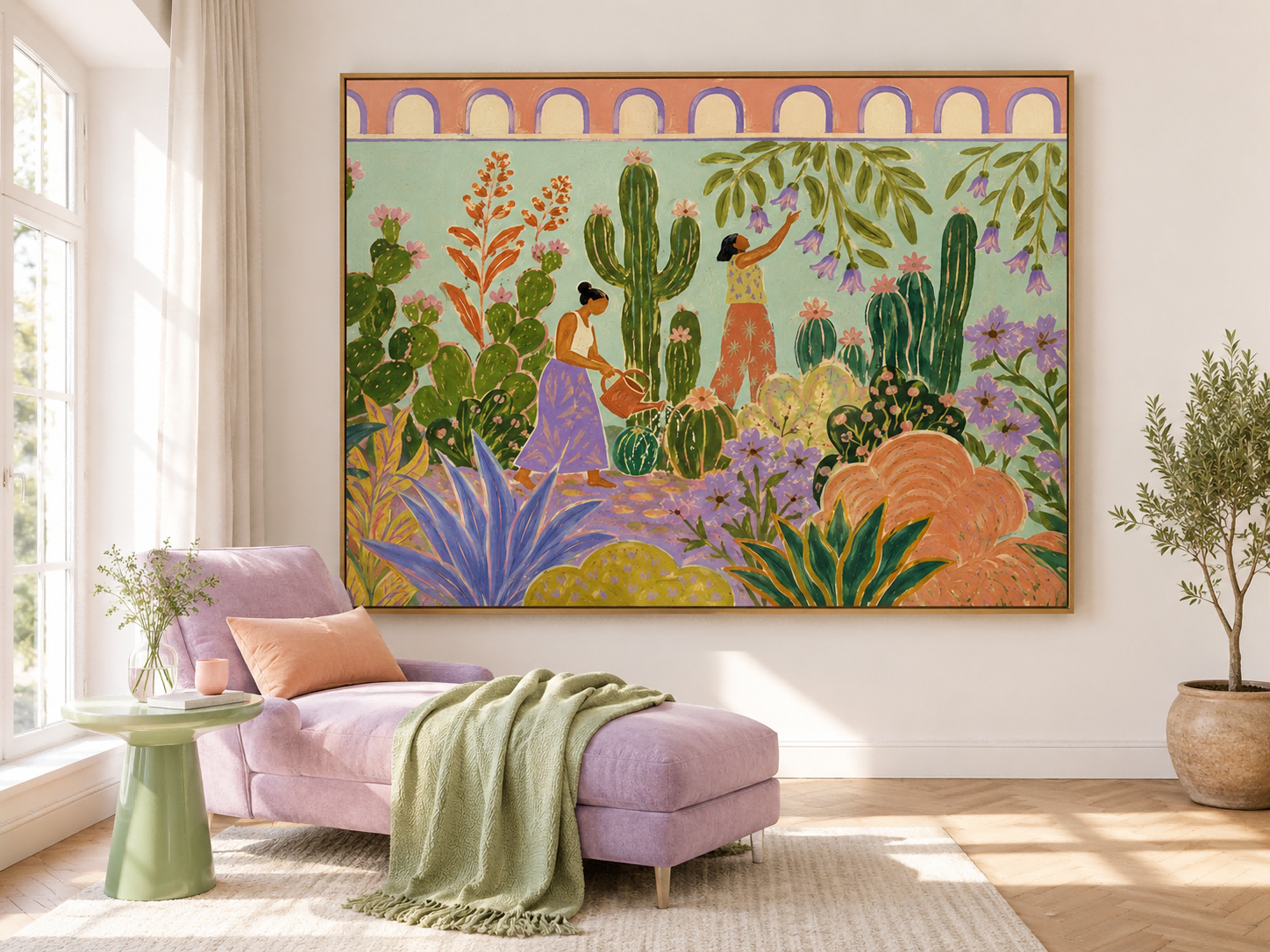 Fantasy Garden With Women Watering Cacti Hand-Painted Canvas Art Colorful Botanical Wall Art For Living Room And Sunroom Decor