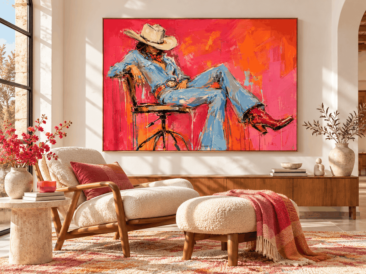 Vintage Modern Textured Art With High-Contrast Colors And Western Theme