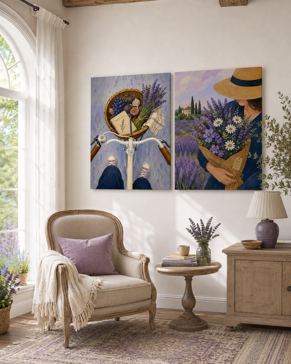 Lavender Field And Bicycle Hand-Painted Canvas Art Set With Figs