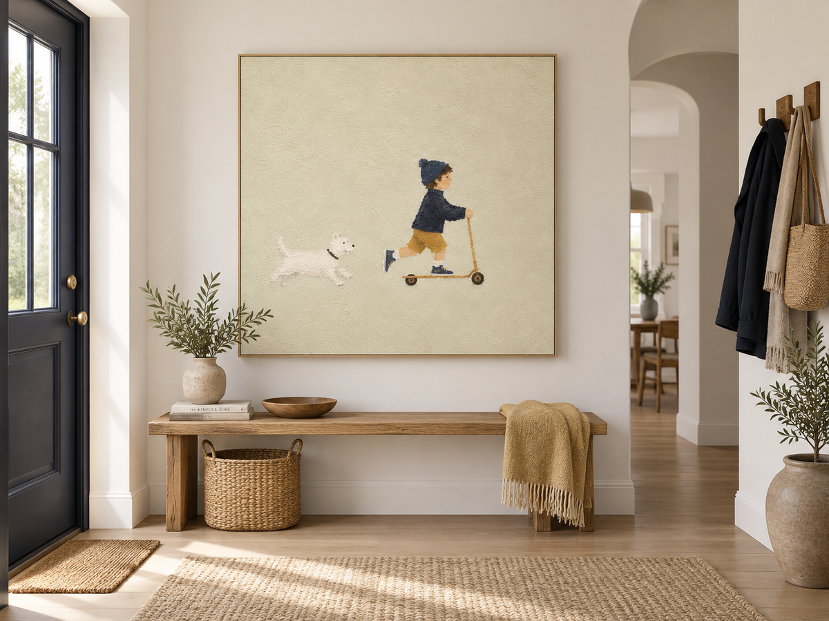 Modern Naive Art Canvas Painting Abstract Boy And Dog Story