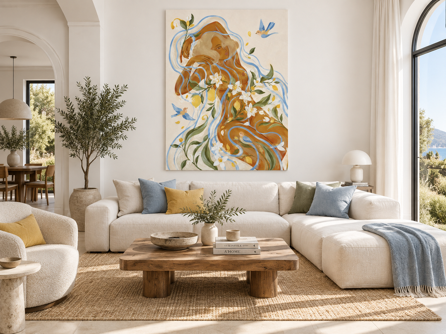 Hand-Painted Woman With Lemon Flowers And Birds Canvas Art
