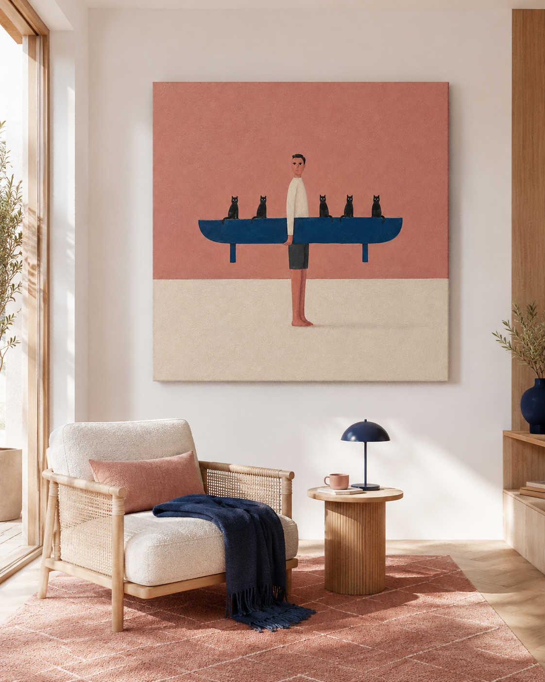 Man With Surfboard And Cats Abstract Canvas Painting In Pink And Blue Playful Pink And Blue Wall Art For Modern Living Room Or Bedroom Decor