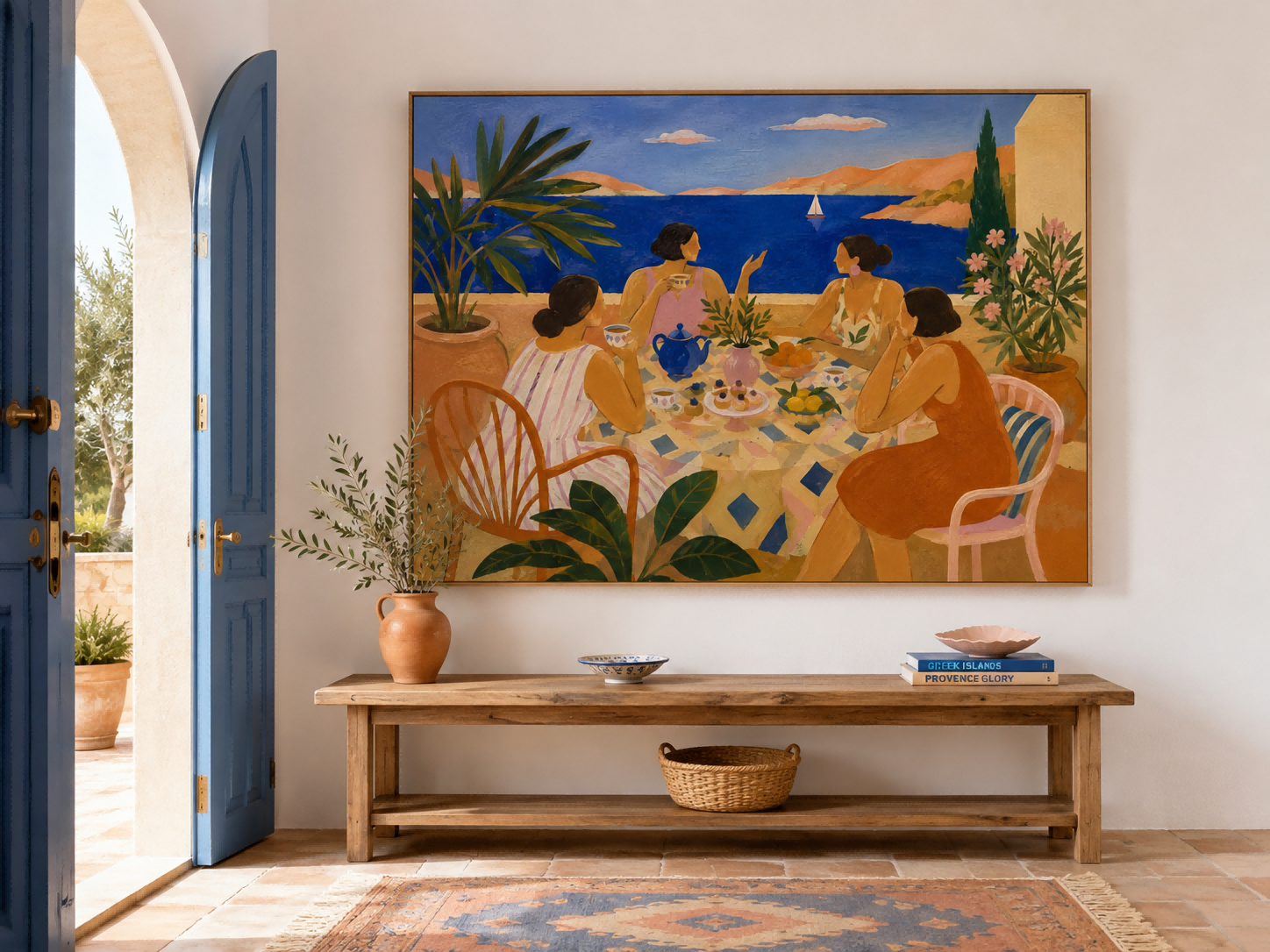 Dreamy Art Deco Style Painting Of Coastal Leisure And Elegant Tea Time