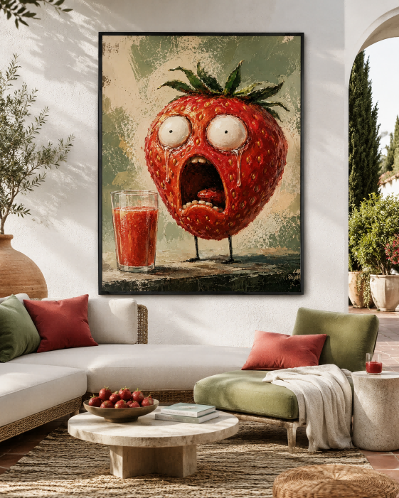 Surreal Anthropomorphic Fruit Art Canvas Featuring A Dramatic Strawberry Character