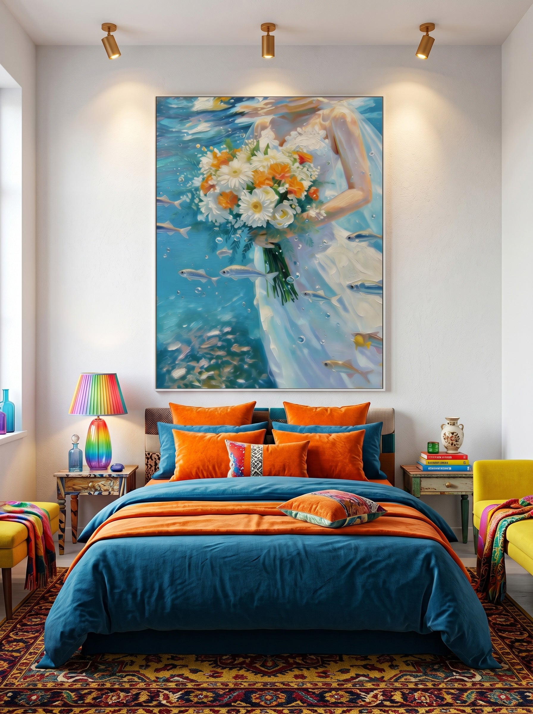 Underwater Bridal Floral Oil Painting With Fish And Bubbles For Modern Home Decor