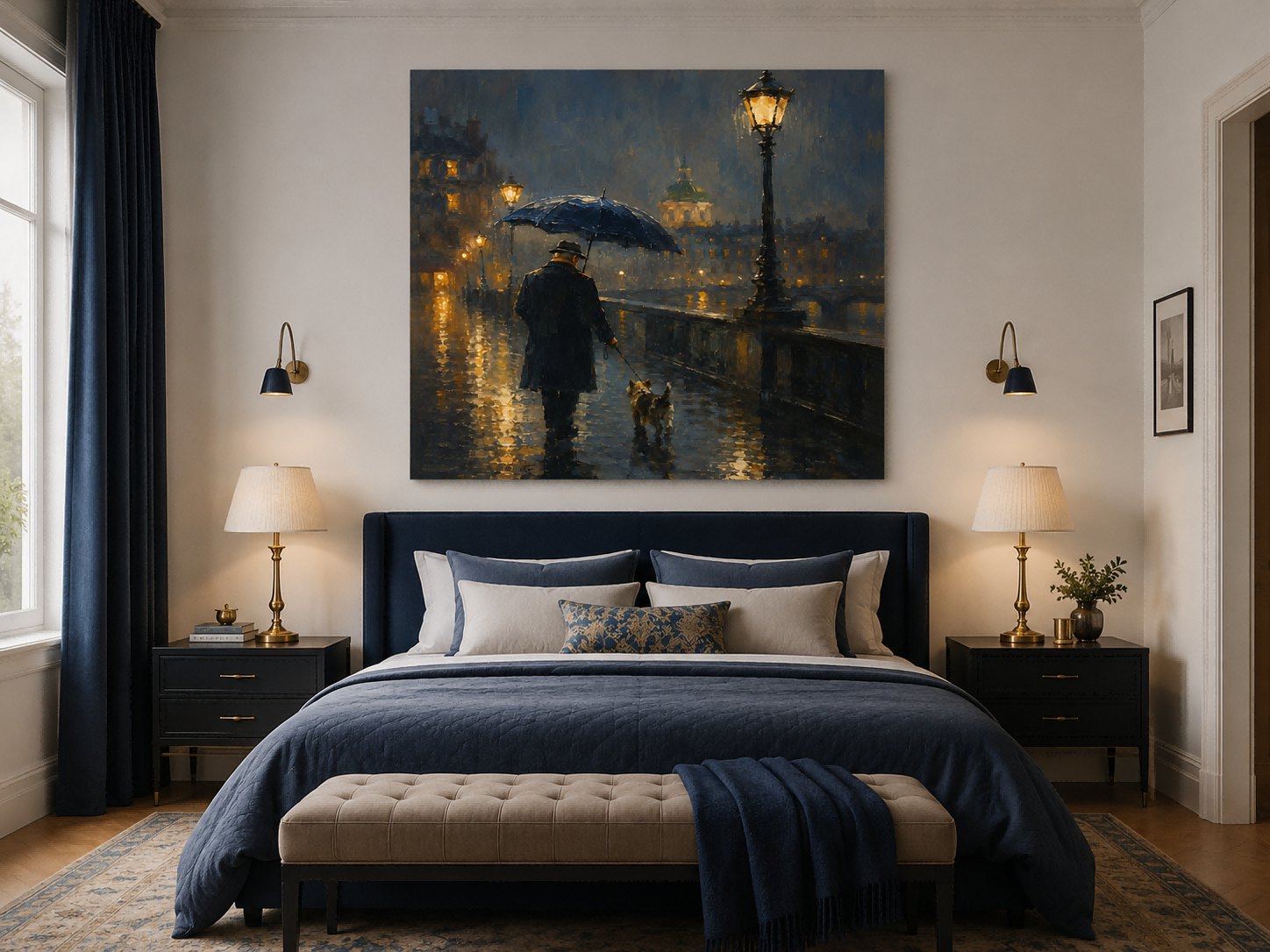 Romantic Impressionist City Night Painting With Man And Dog Under Streetlamp For Living Room Decor
