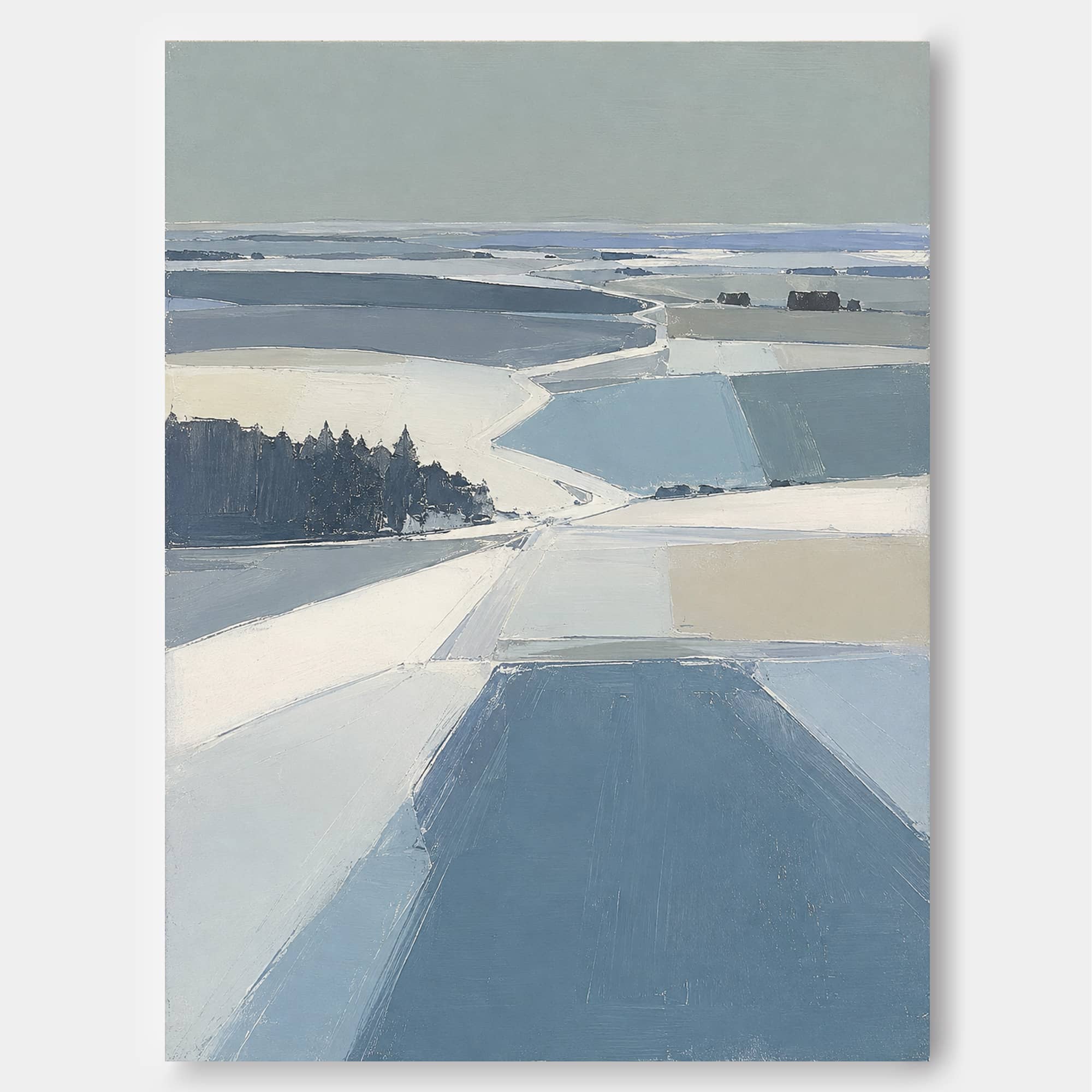 Modern Minimalist Winter Landscape Painting With Ice Blue Tones For Living Room Geometric Abstract Art
