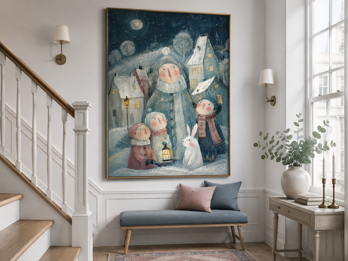Whimsical Winter Family Scene Hand-Painted Canvas Art With Rabbit And Moon