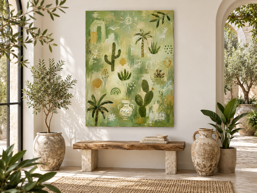 Modern Geometric Abstract Painting With Natural Motifs In Green