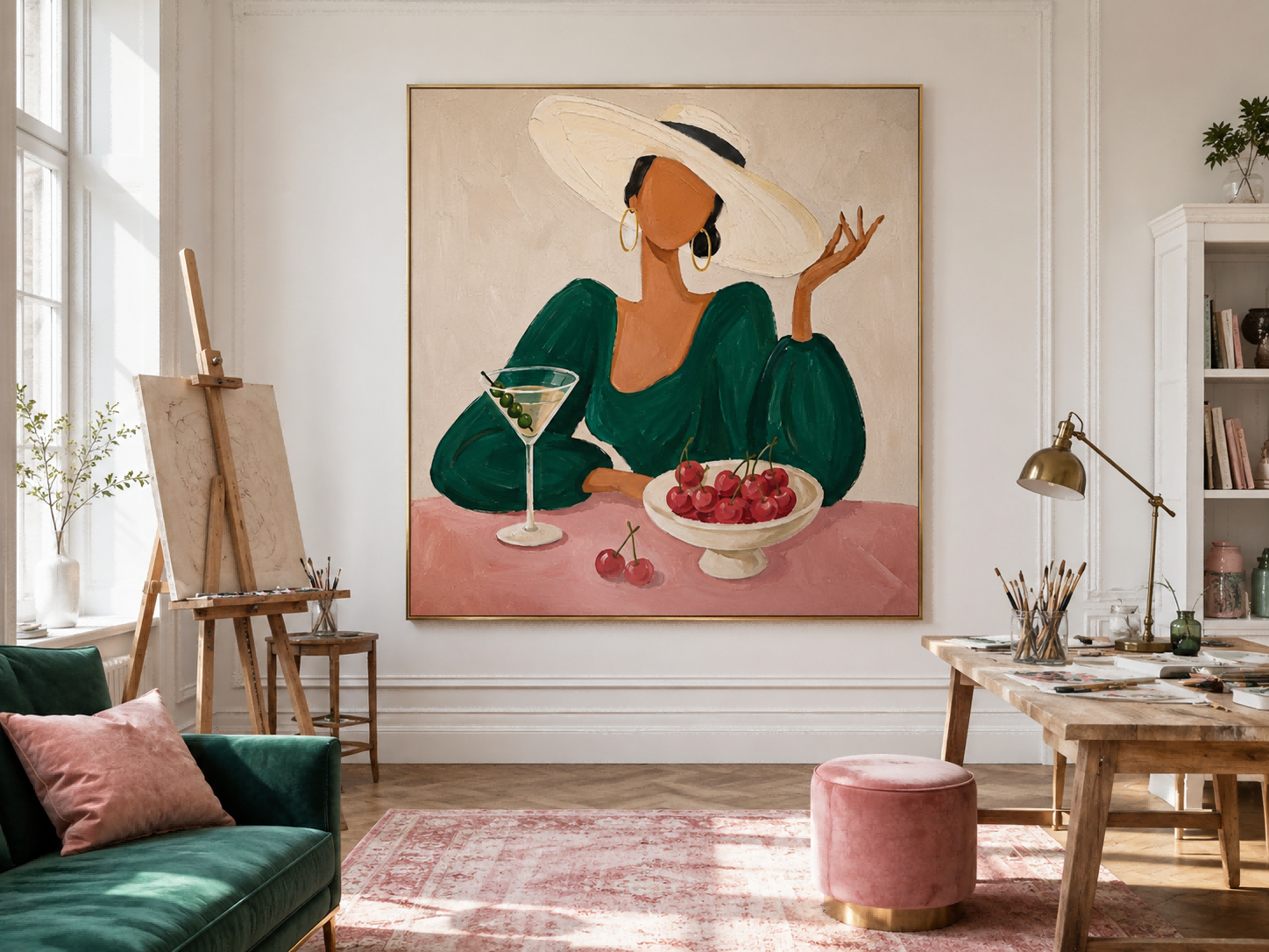 Stylish Female Figure Oil Painting With Martini Glass Ideal For Boutique Lounge And Bar Area Decoration