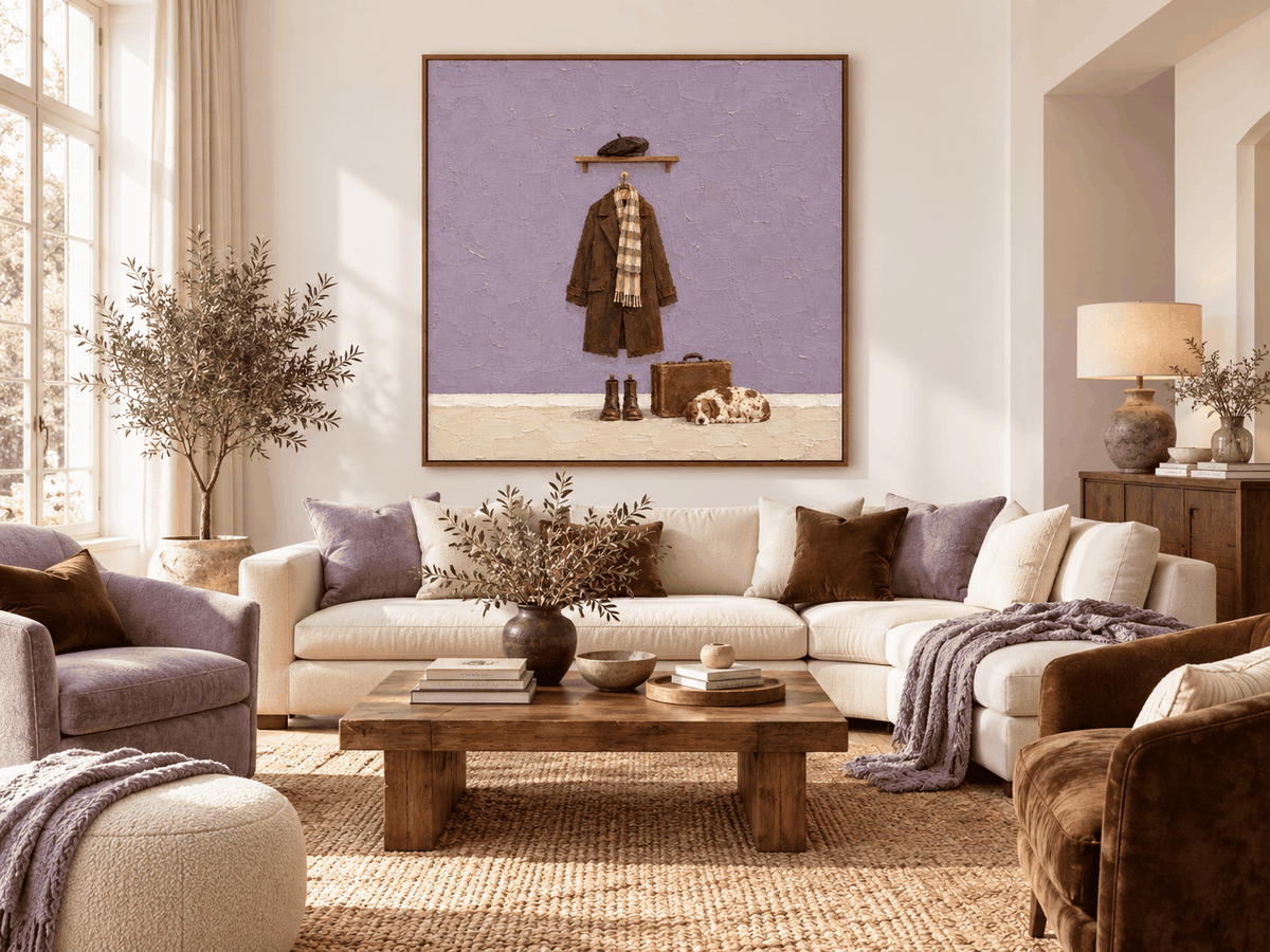 Vintage Dog And Coat Canvas Painting With Brown And Purple Tones