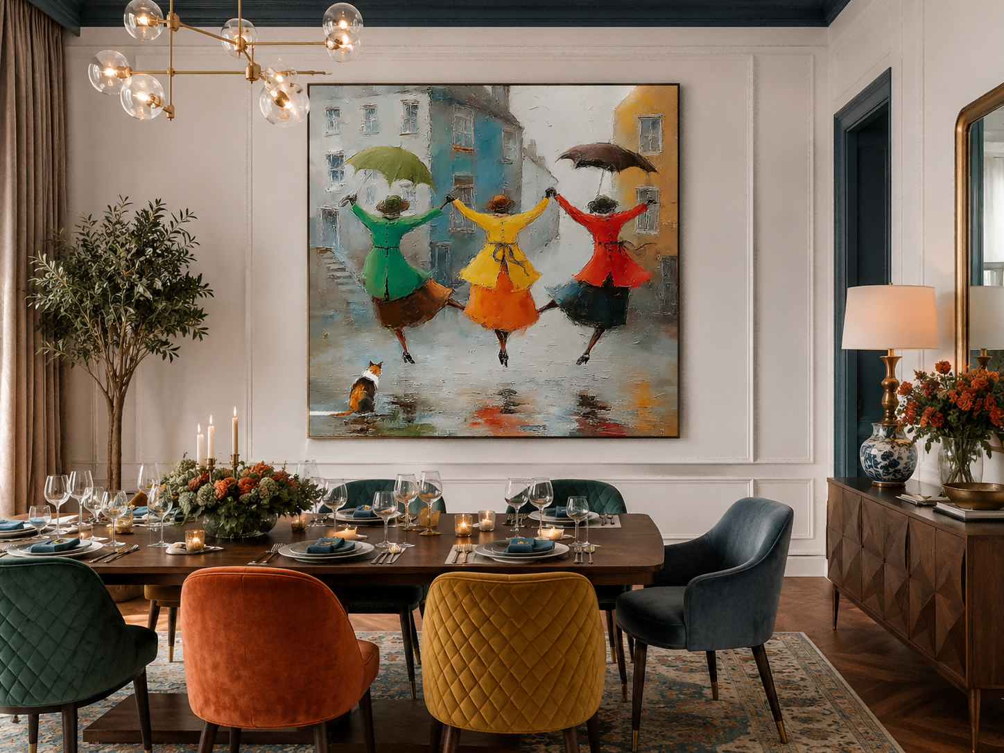 Joyful Friendship Canvas Art Depicting Women Dancing In Rainy City Street