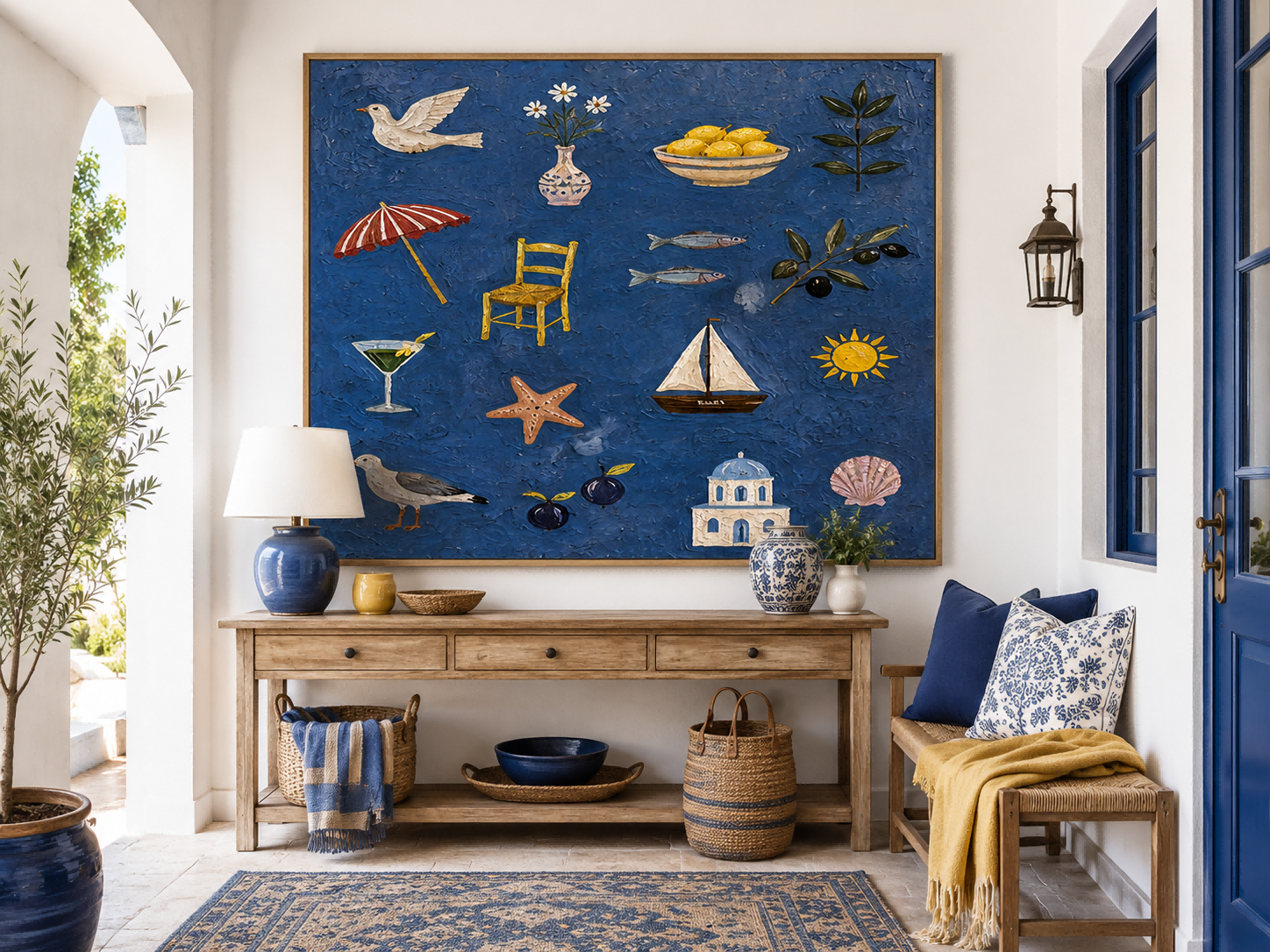 Mediterranean Folk Art Painting With Sea And Lemons For Coastal Home Decor