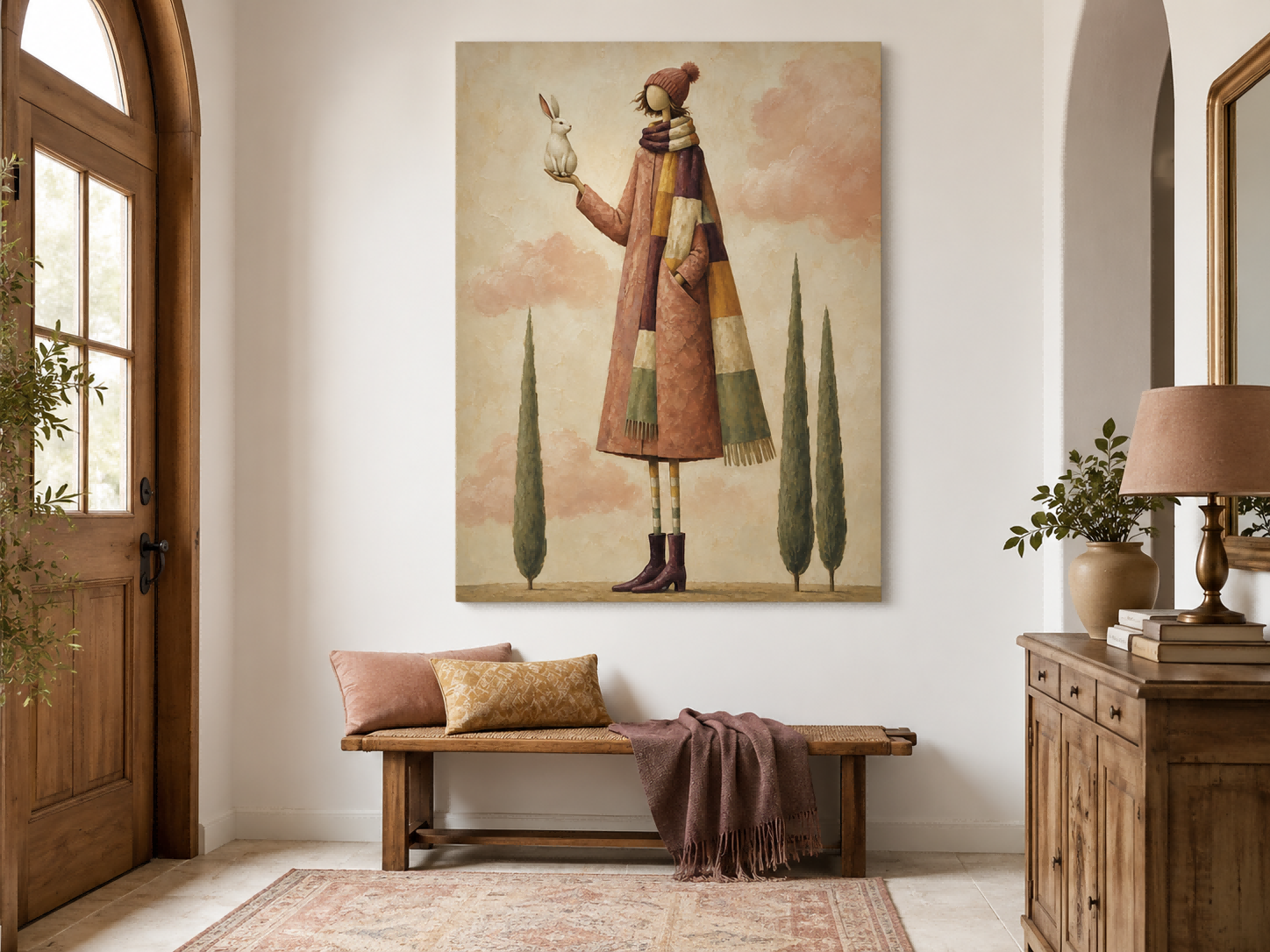 Surrealist Fantasy Oil Painting Of A Girl In A Long Coat With A White Hare