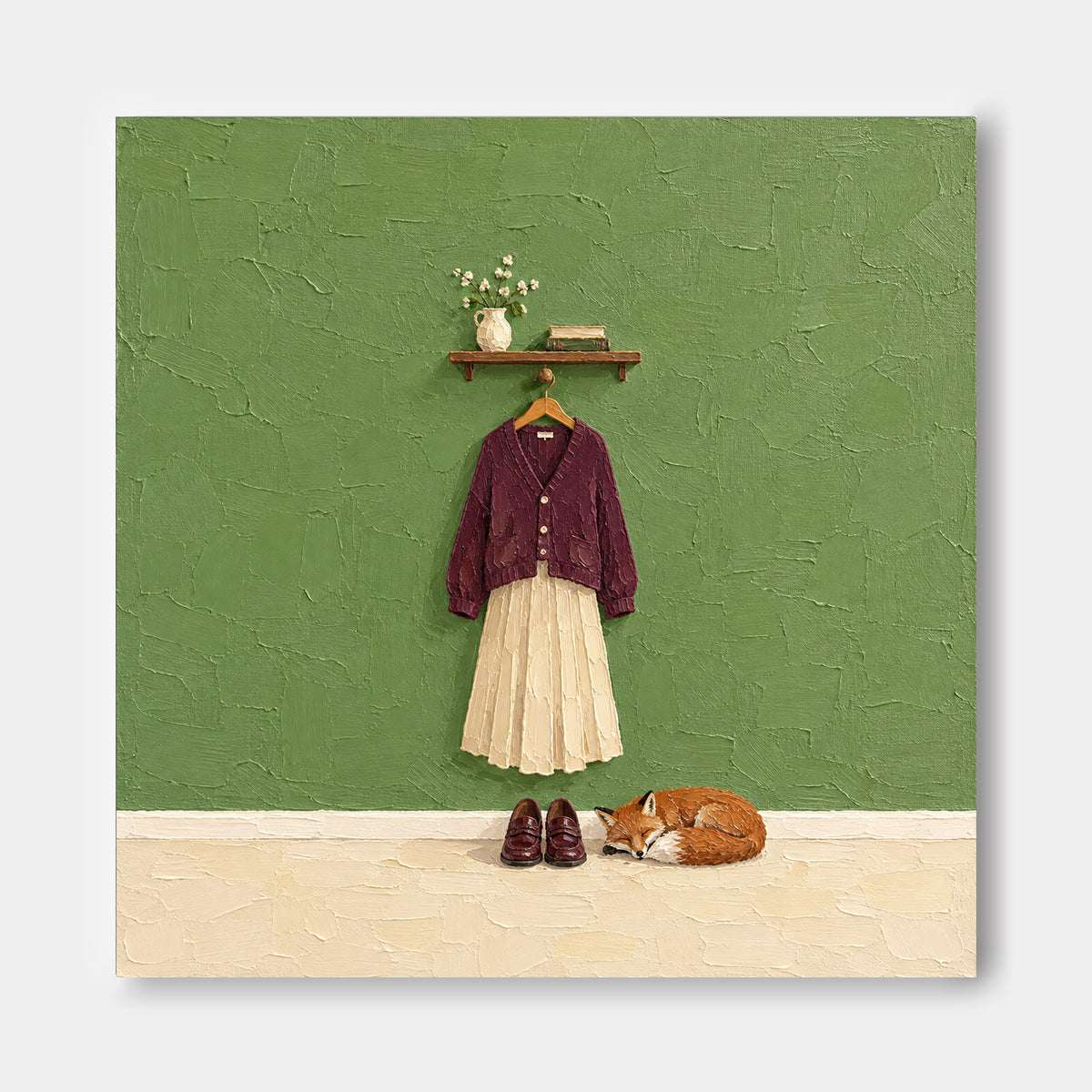 Sleeping Fox And Burgundy Cardigan Hand-Painted Canvas Art With Green Textured Background