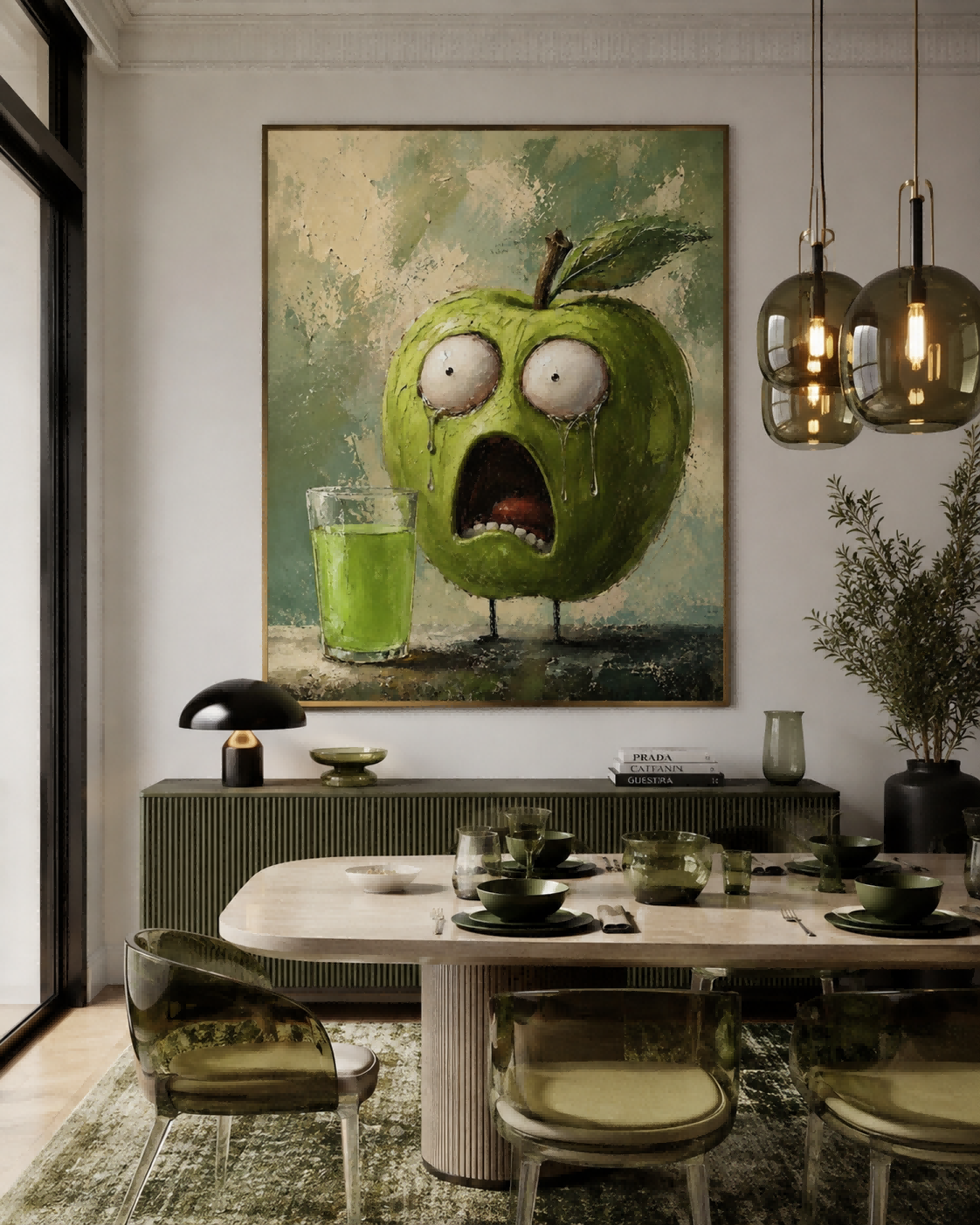 Quirky Anthropomorphic Green Apple Oil Painting With Expressive Face For Eclectic Interiors