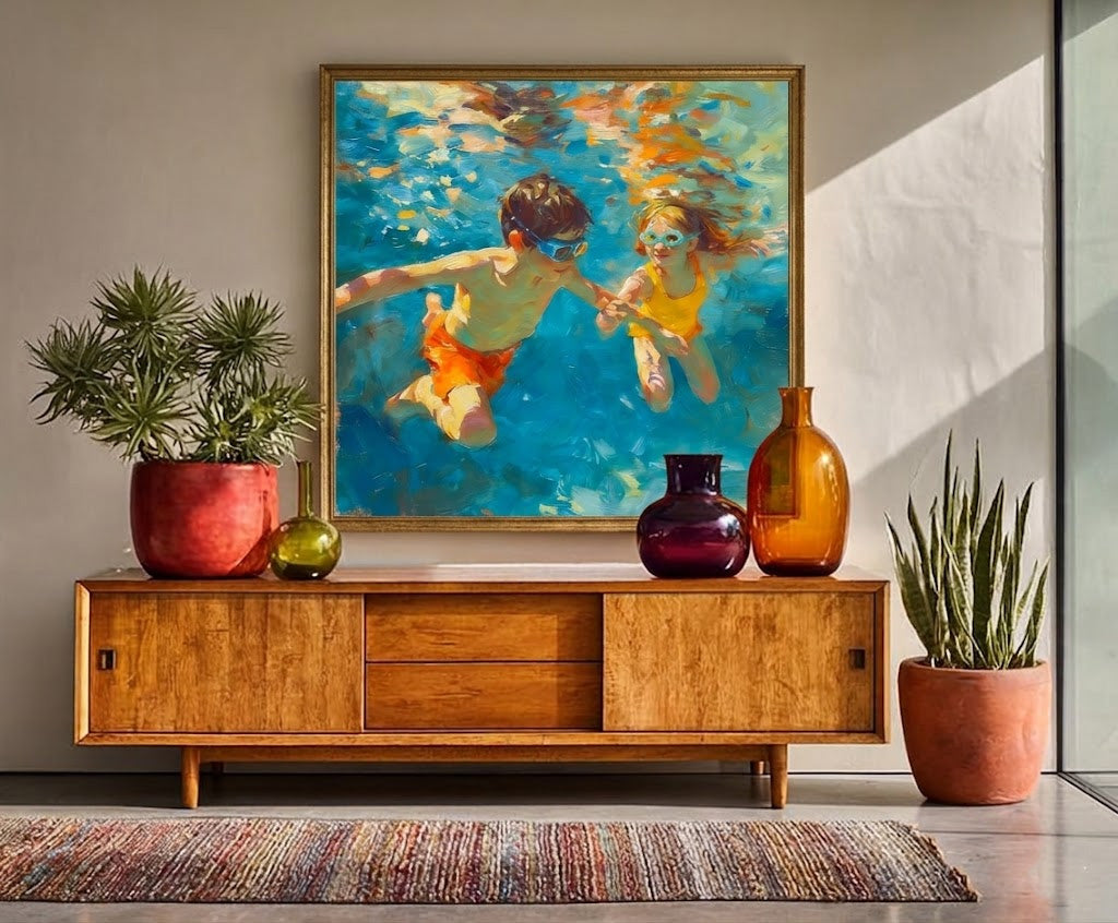 Vibrant Underwater Kids Swimming Art For Family Home Decor