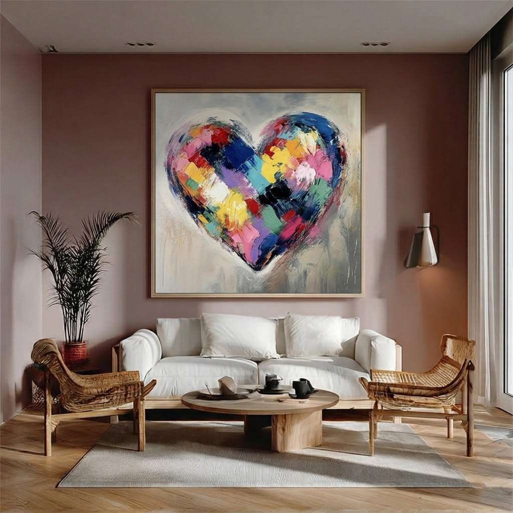 Textured Canvas Art With Geometric Heart Design Original Oil Painting