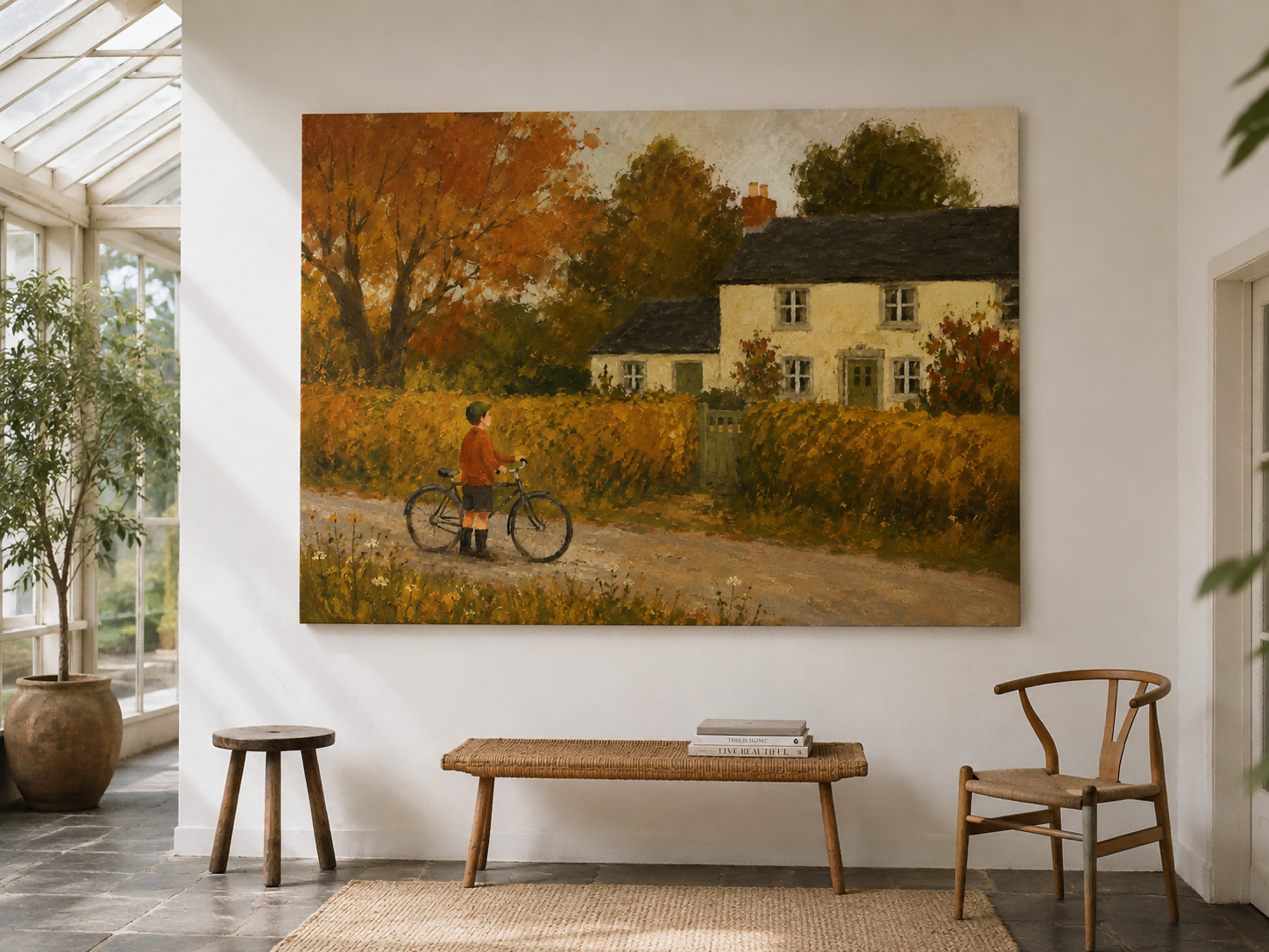 Nostalgic Rural Scene Original Canvas Painting In Classic Realist Style Boy With Bicycle Country Lane Hand-Painted Canvas Art In Golden Autumn Colors
