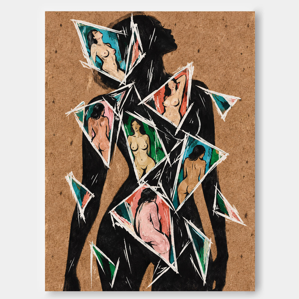 Abstract Female Silhouette Hand-Painted Canvas Art With Fragmented Nude Figures In Teal And Pink