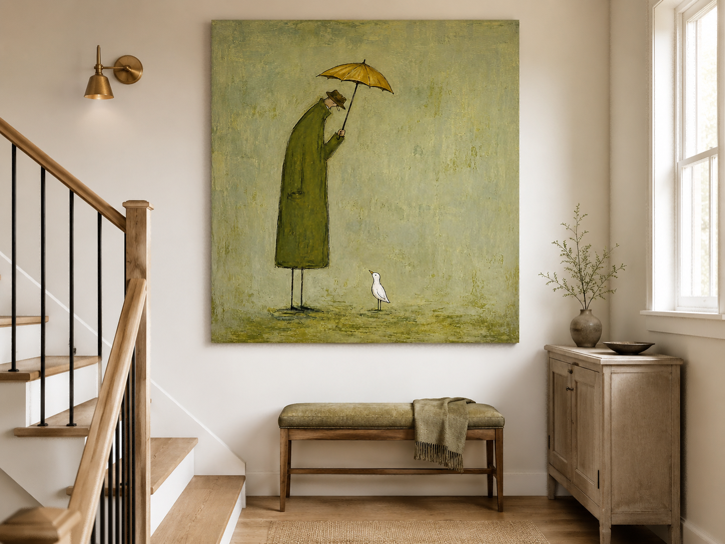 Naive Art Painting Of Man And Bird With Umbrella For Modern Wall Decor