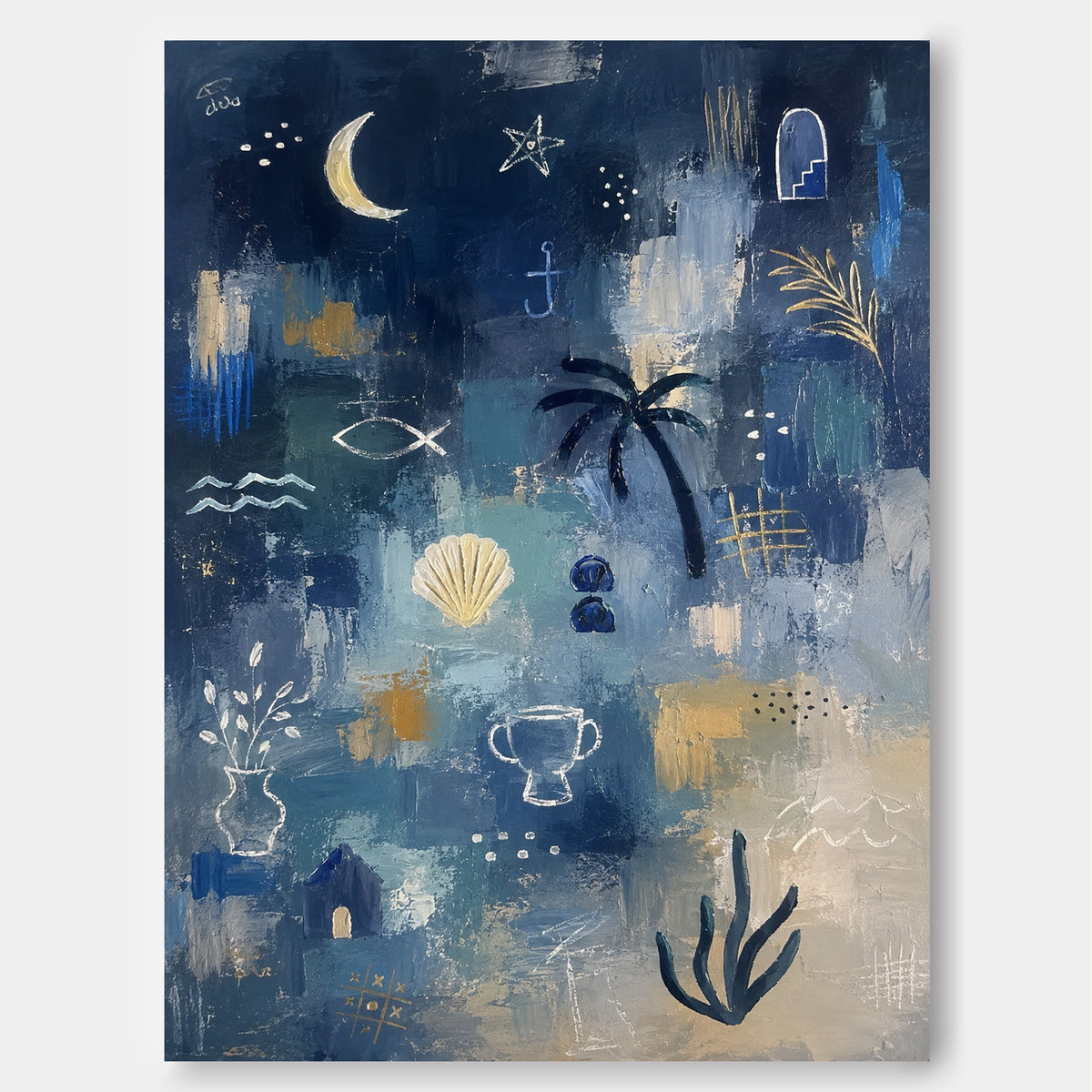 Modern Textured Abstract Painting With Gold Accents Ocean Theme Wall Art