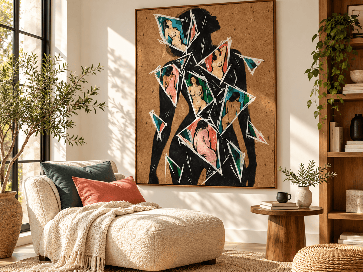 Abstract Female Silhouette Hand-Painted Canvas Art With Fragmented Nude Figures In Teal And Pink