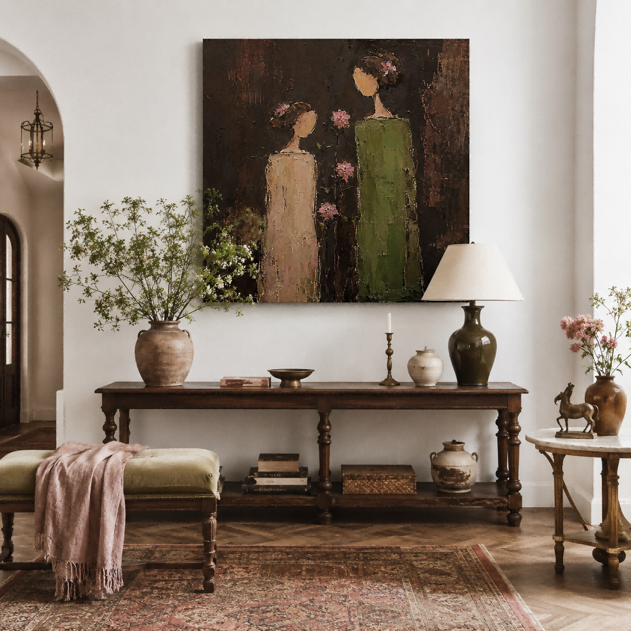 Minimalist Vintage Women Painting With Pink Flowers In Square Canvas Art For Living Room Decor