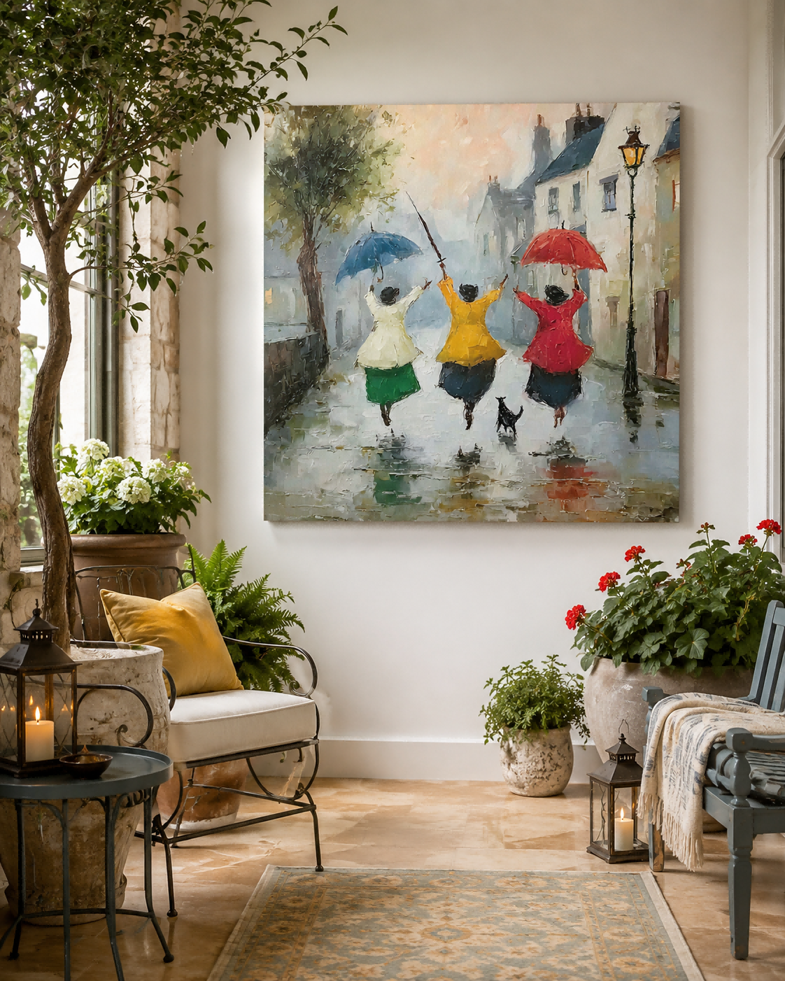 Impressionist Street Scene Oil Painting With Three Women In Rain For Modern Living Room Decor
