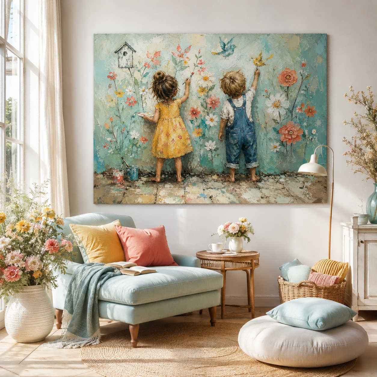 Heartwarming Original Oil Painting Of Children Creating Memories
