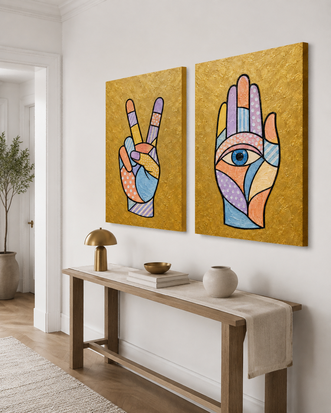 Hand-Painted Victory And Hamsa Hand Canvas Art Set With Gold Background Modern Gold Wall Art Decor For Living Room With Pop Art Style Hands