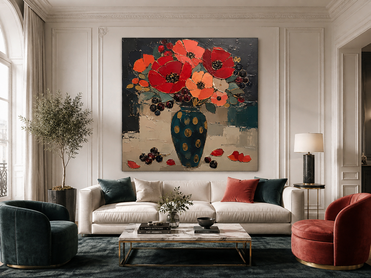 Hand-Painted Red Poppies And Teal Vase Abstract Floral Canvas Art With Gold Accents Abstract Expressionist Red Flower Painting With Impasto Technique And Vintage Charm