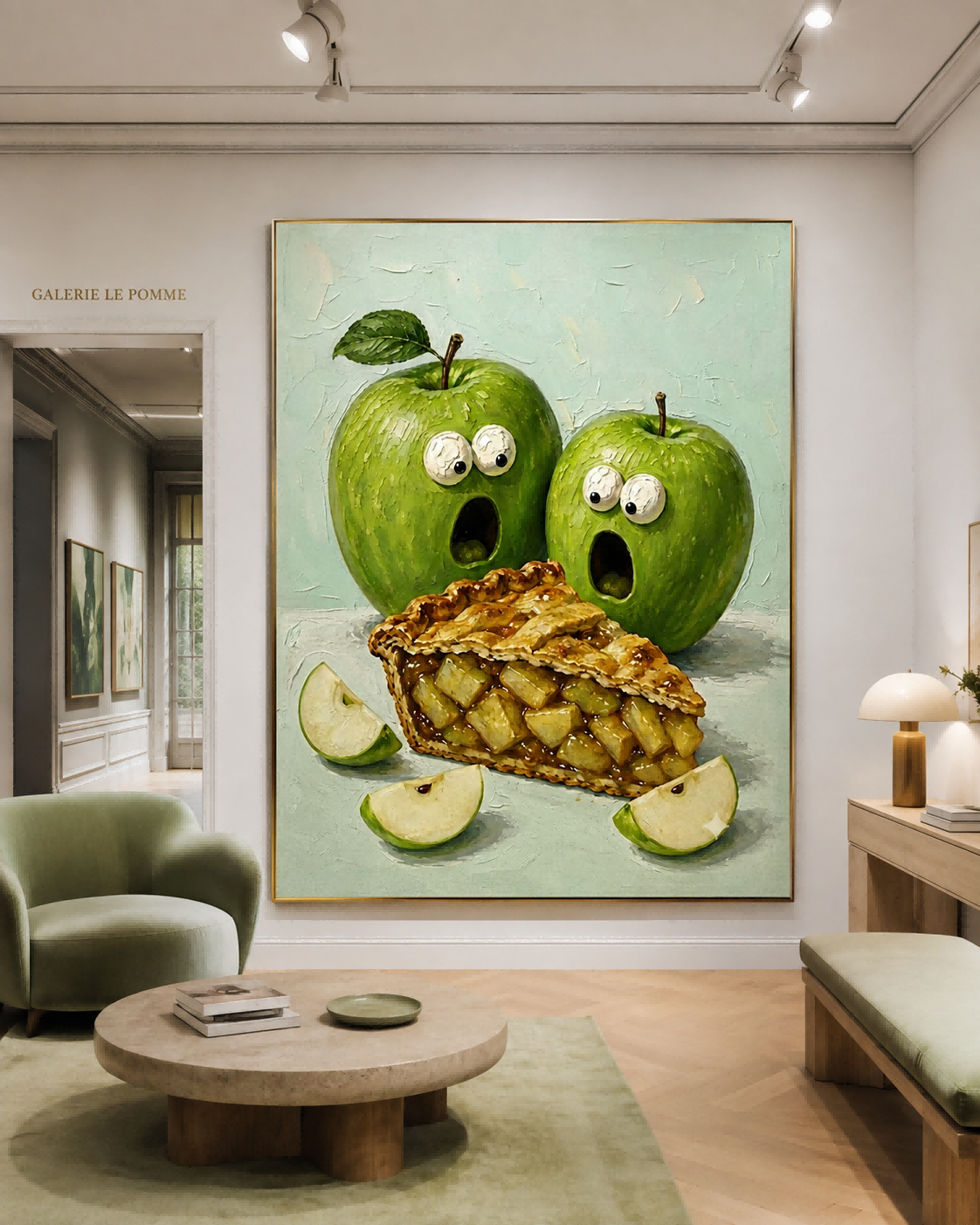 Whimsical Green Apple Pie Painting Abstract Food Art For Modern Kitchen Wall Decor