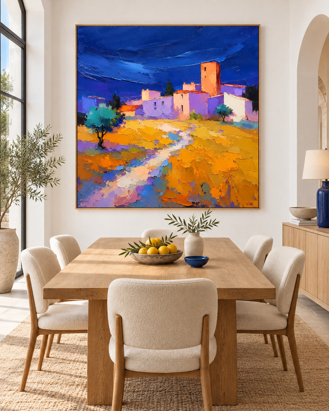 Impressionist Style Textured Canvas Painting With High Saturation Blue And Yellow Colors