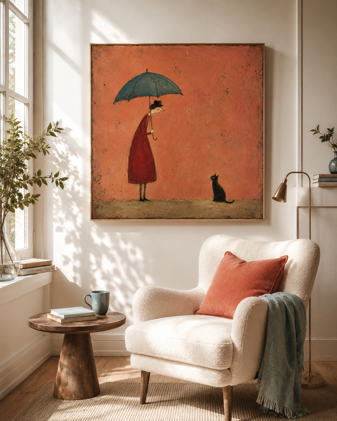Whimsical Retro Illustration Style Original Art On Canvas Lady With Umbrella And Black Cat Vintage Canvas Painting