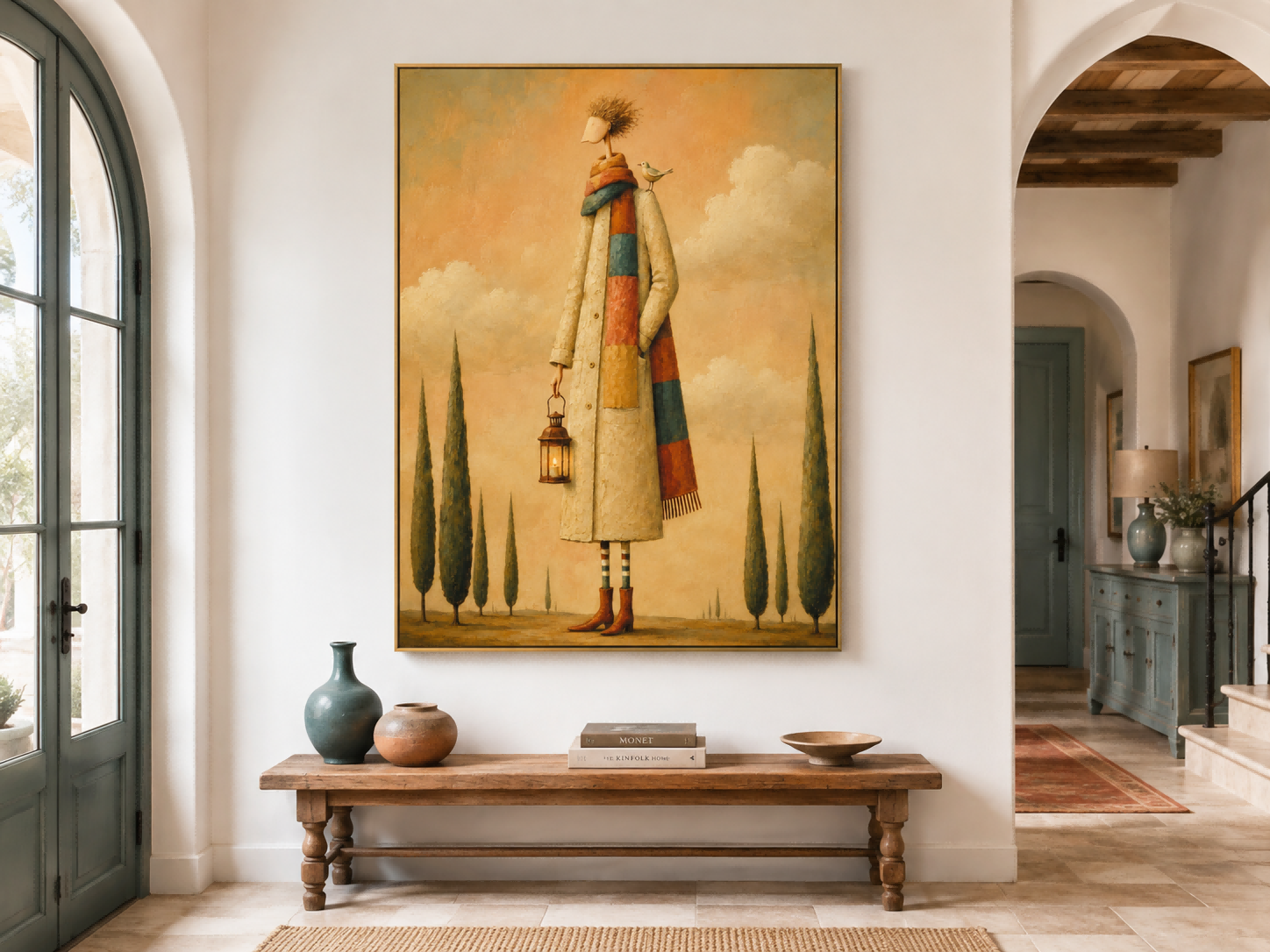 Surreal Man With Lantern And Bird Canvas Painting In Warm Beige Tones