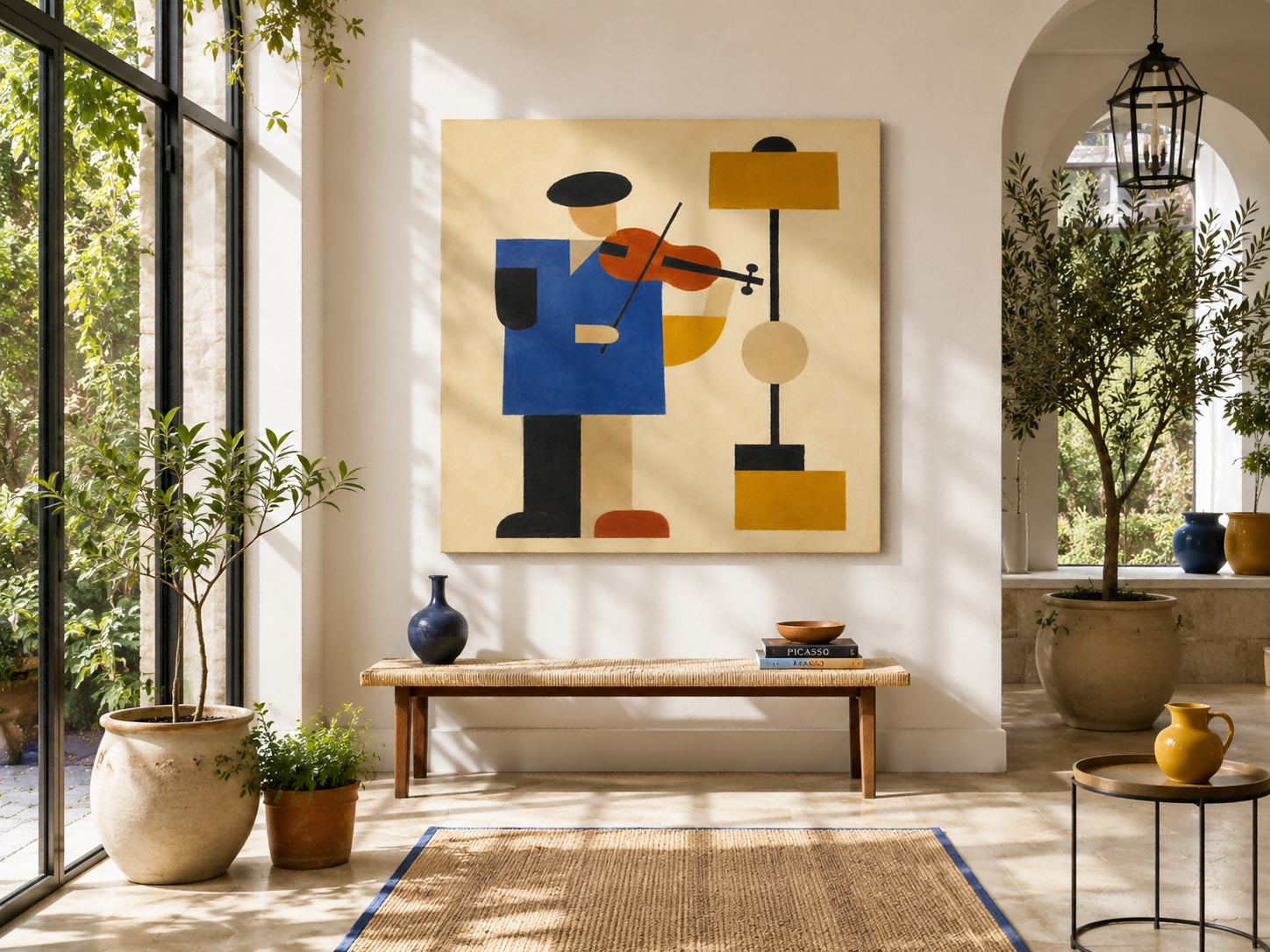 Minimalist Cubist Style Oil Painting Abstract Figure With Violin Artwork
