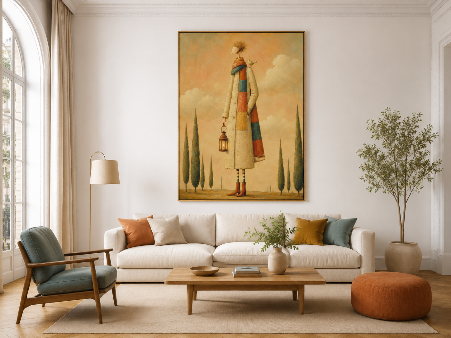 Surreal Man With Lantern And Bird Canvas Painting In Warm Beige Tones