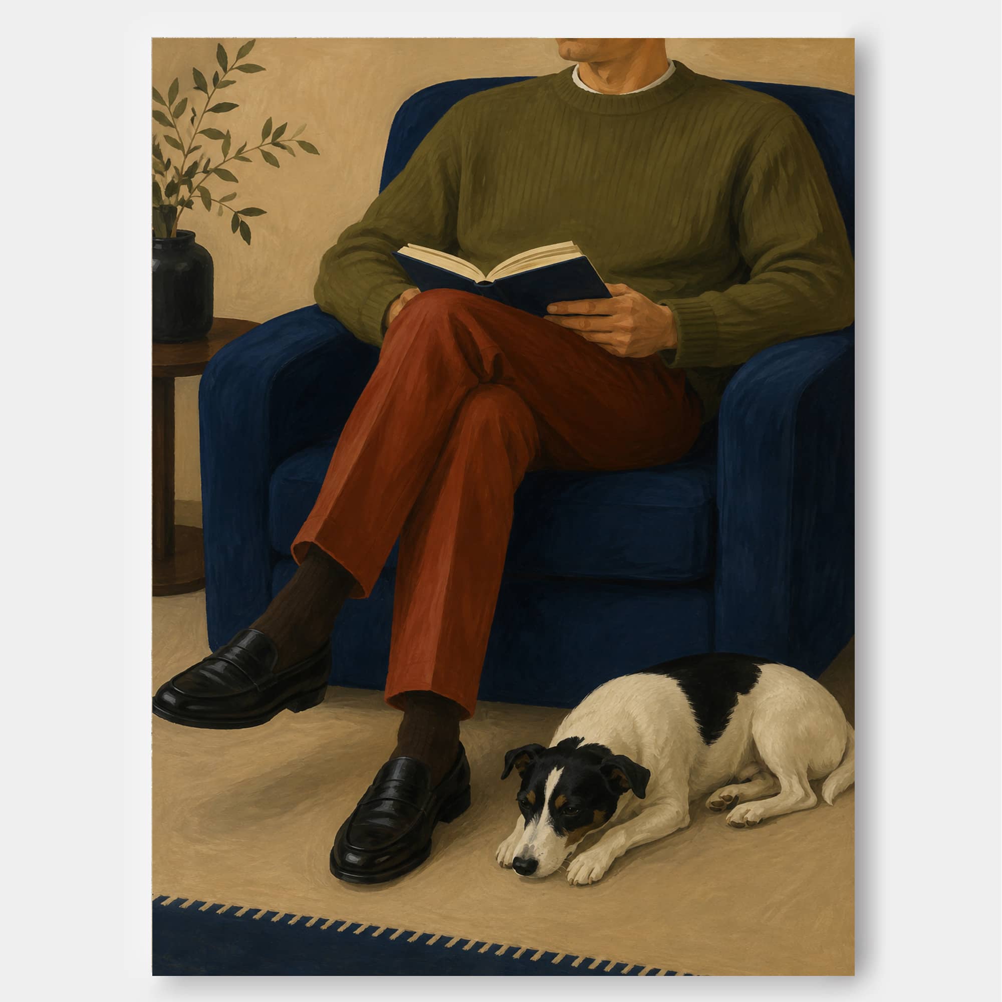 Cozy Living Room Wall Art Featuring Man And Pet In Modern Style