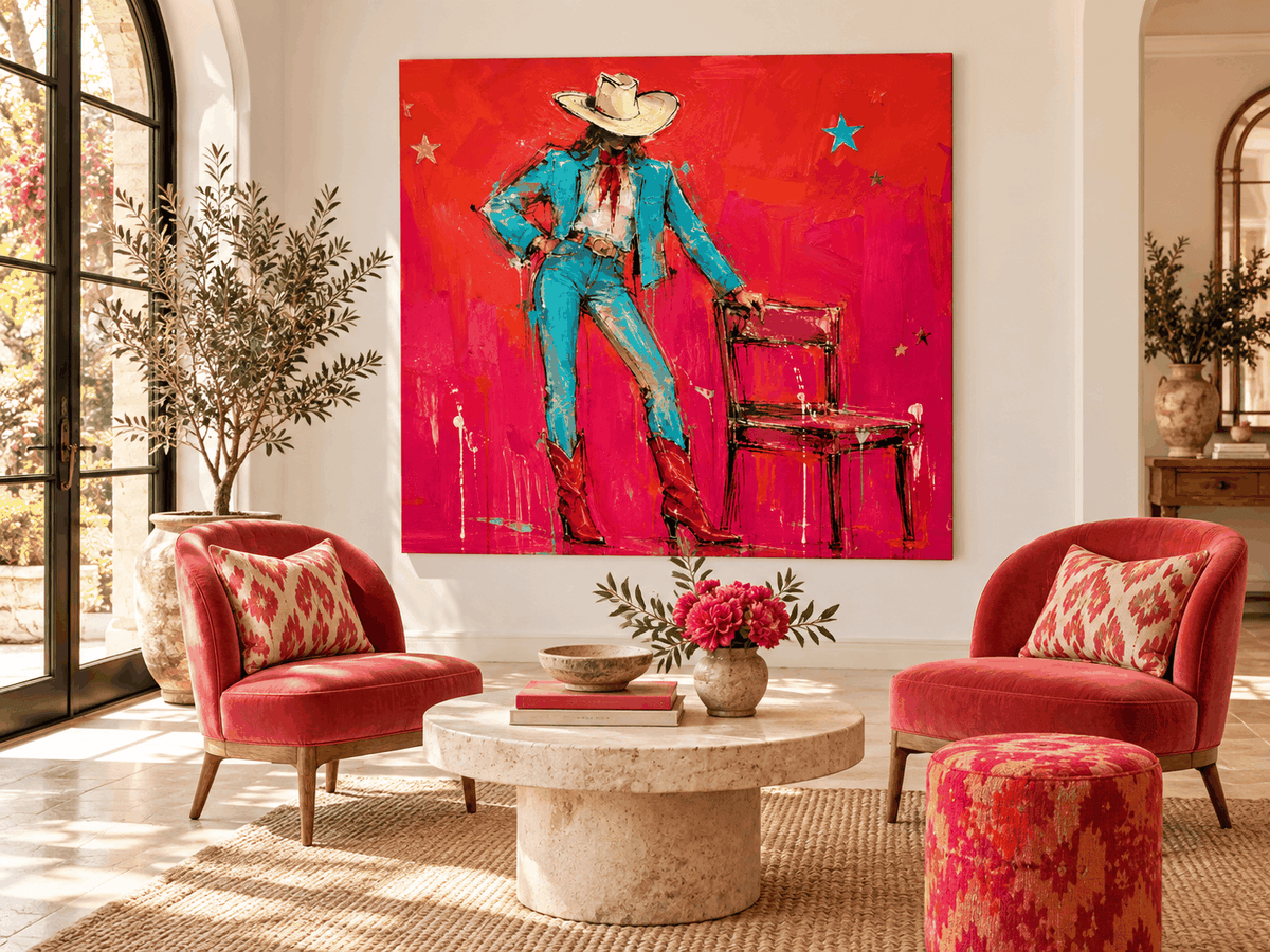 Cool Cowgirl With Red Boots Hand-Painted Canvas Art In Vibrant Red And Blue