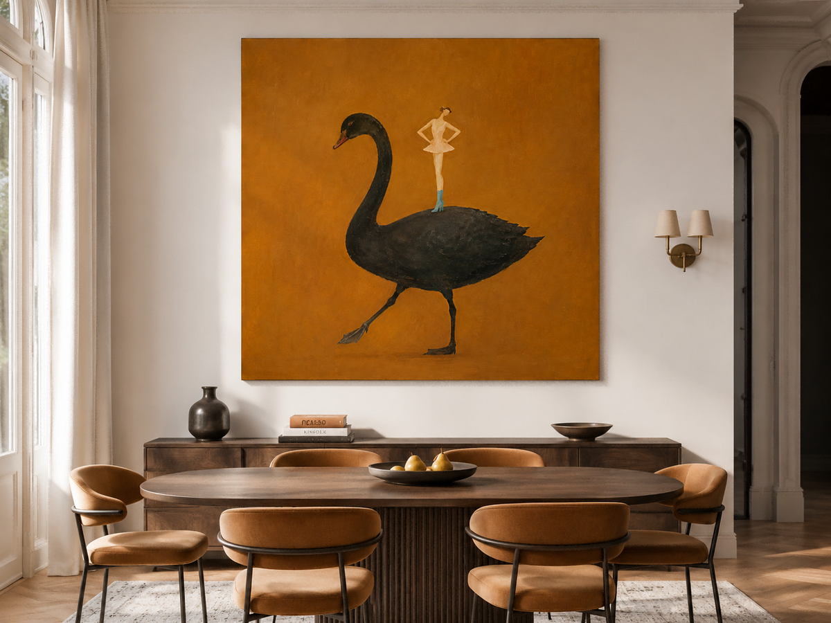 Surrealist Fashion Illustration Original Painting On Canvas Ochre Background Ballerina And Black Swan Hand-Painted Canvas Art In Warm Brown Tones