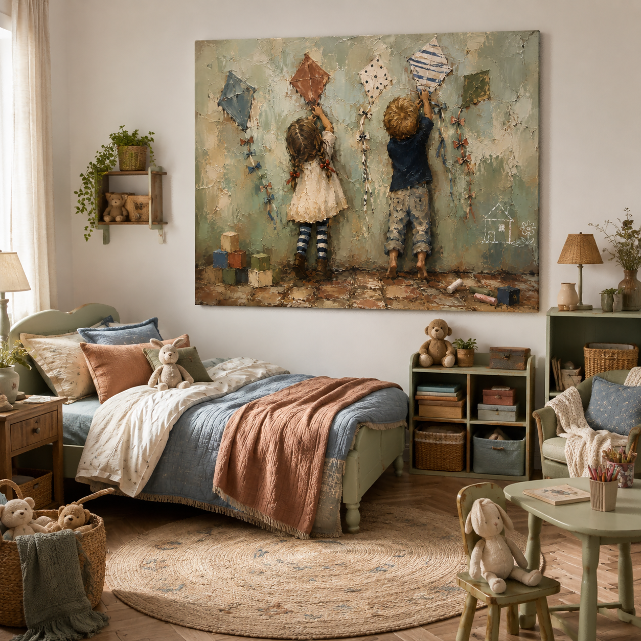Textured Oil Painting Of Children Drawing Kites In Retro Illustrative Style