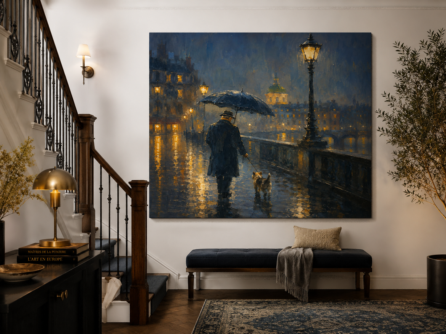 Romantic Impressionist City Night Painting With Man And Dog Under Streetlamp For Living Room Decor