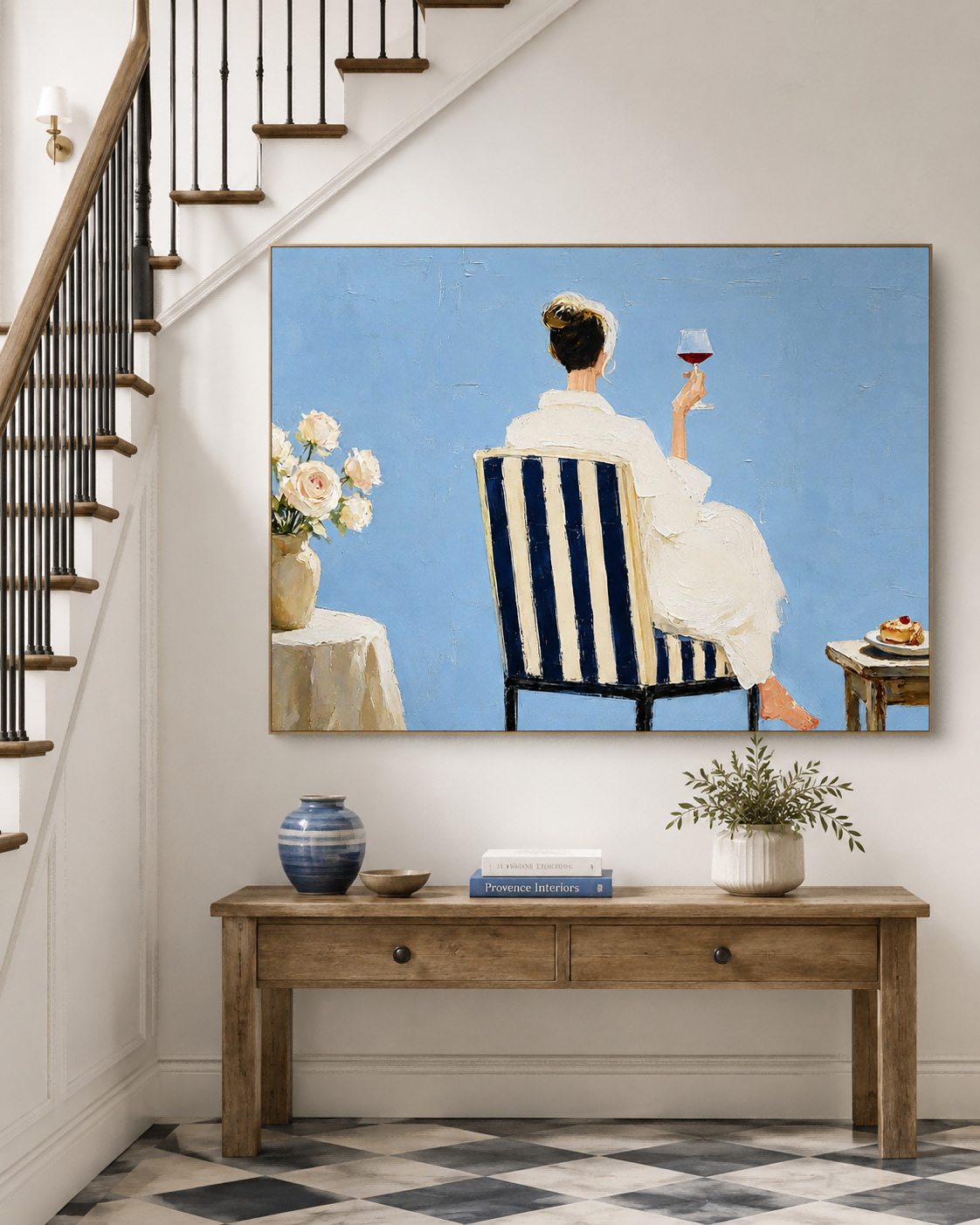 Impressionist Style Canvas Painting Blue And White Striped Chair Art
