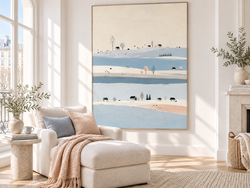 Minimalist Naive Art Oil Painting With Ethereal Snowy Village Scene