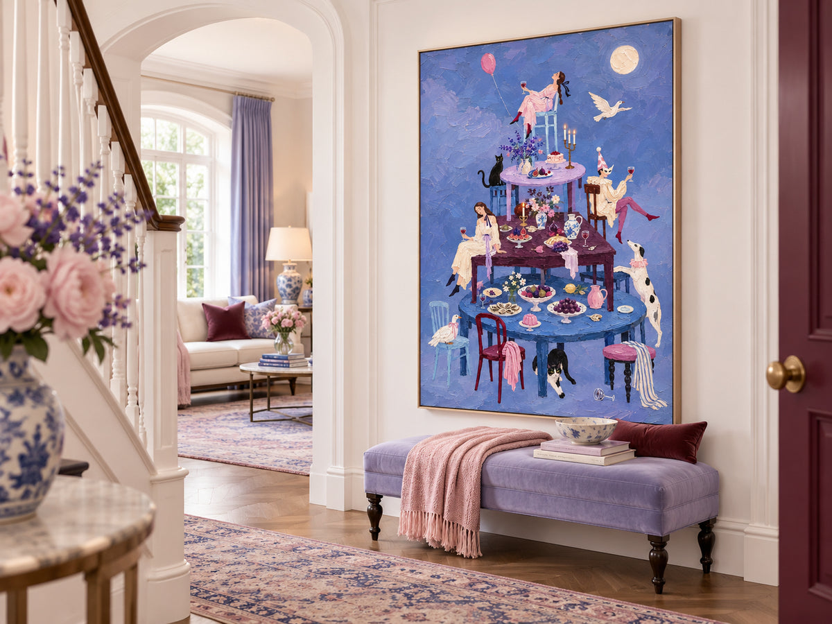 Surreal Moonlit Banquet Hand-Painted Canvas Art With Stacked Tables And Animals Vintage Dining Room Wall Art