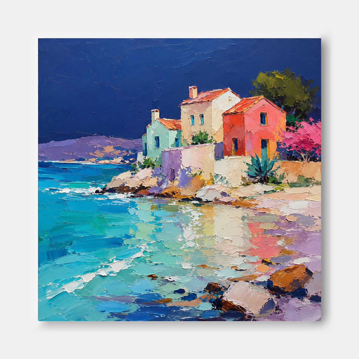 Colorful Mediterranean Coastal Houses With Sea Reflections Hand-Painted Canvas Art