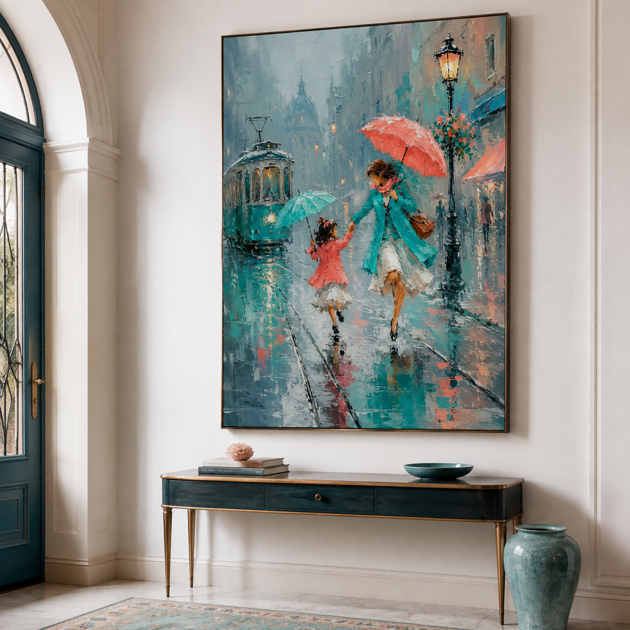 Textured Impressionist Oil Painting Of Mother Daughter Walking In Rain With Umbrellas Urban Life Art