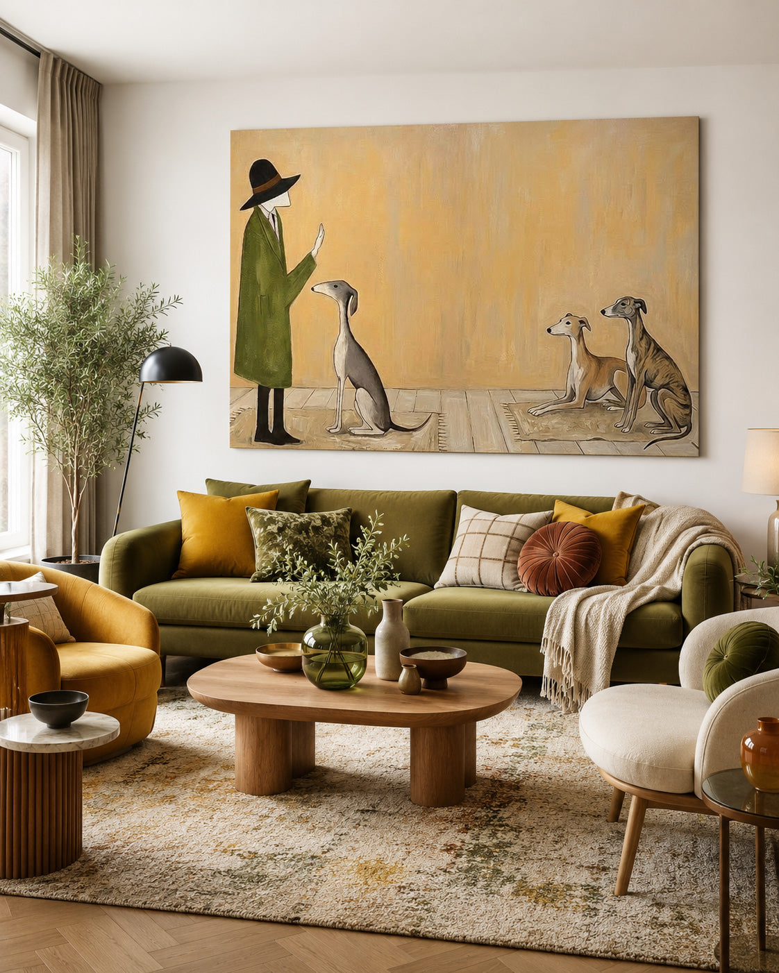 Whimsical Greyhound Art Print Featuring Gentleman And Dogs